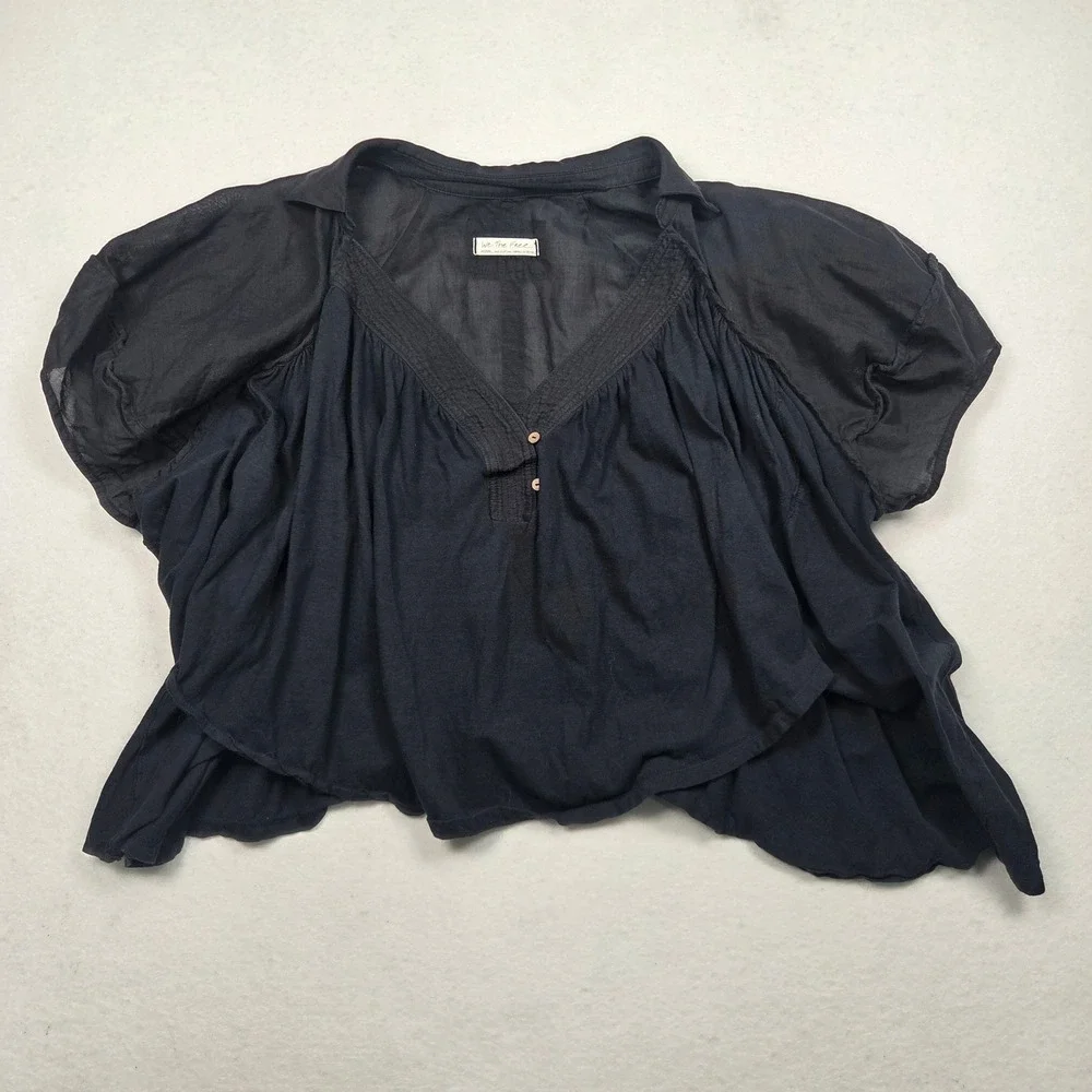 Free People Top Womens Medium Black Cotton Ramie Henley Short Sleeve Oversized